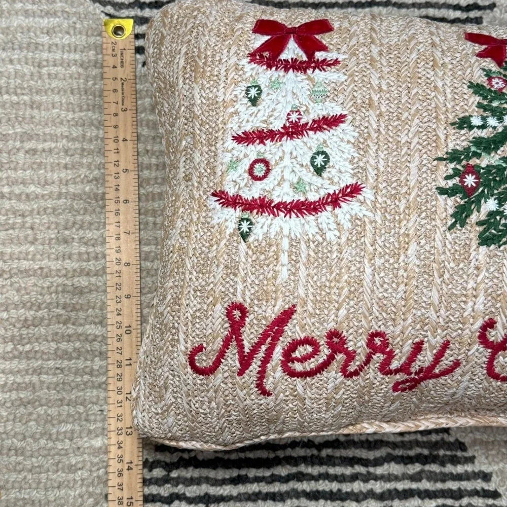 Set‎ of 2 Christmas Tree Embroidered Woven Lumbar Throw Pillows Festive Coastal